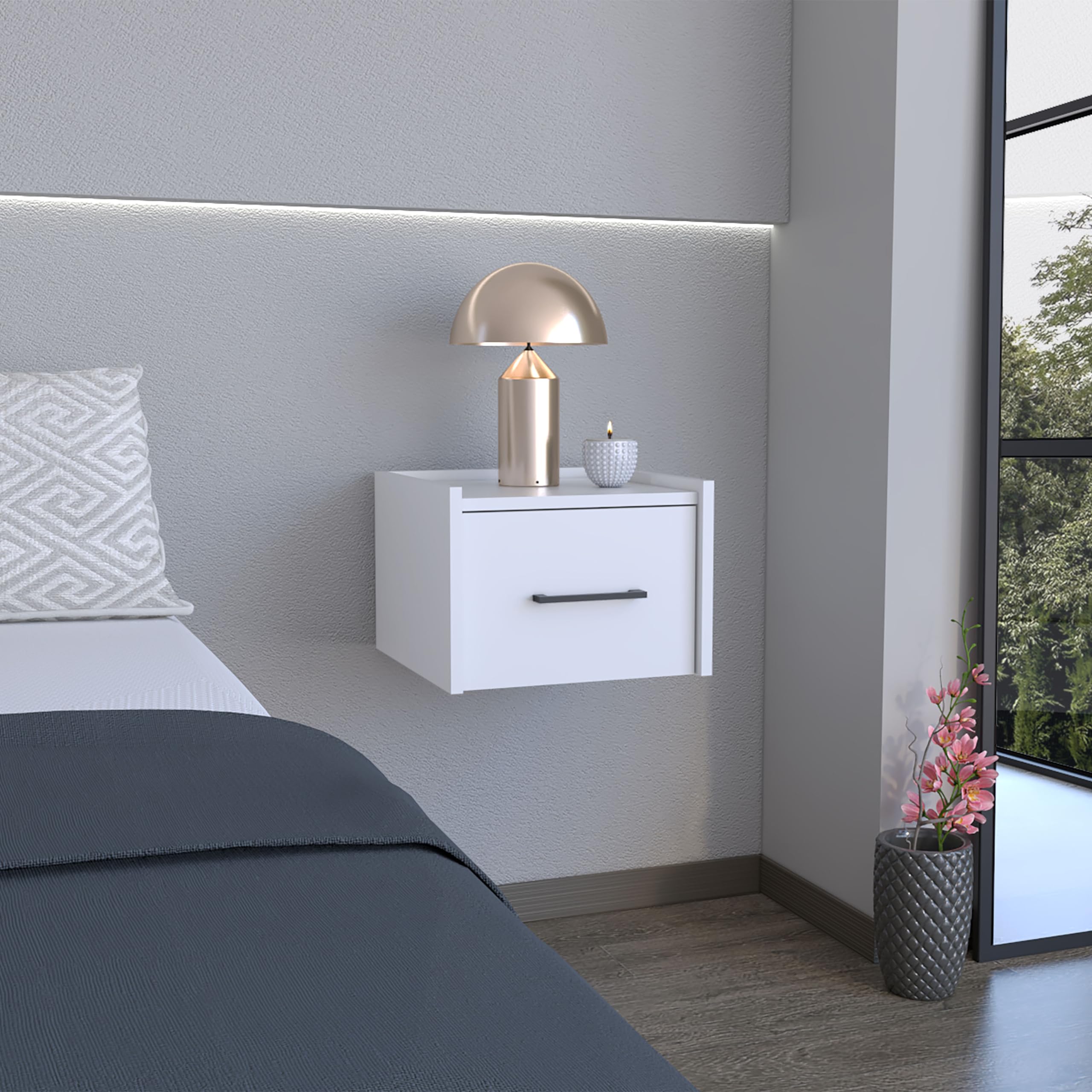 Depot E-Shop Yorktown Floating Nightstand, Space-Saving Design With Handy Drawer And Surface, White